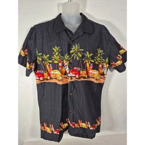 Palmwave Hawaii Mens Large Black Cotton Surf Woodie Car Tropical Camp Shirt